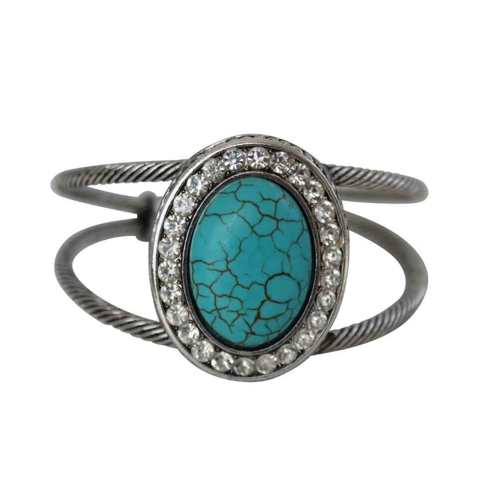 Oval Turquoise Rhinestone Silver Tone Boho Wide Cuff Bracelet